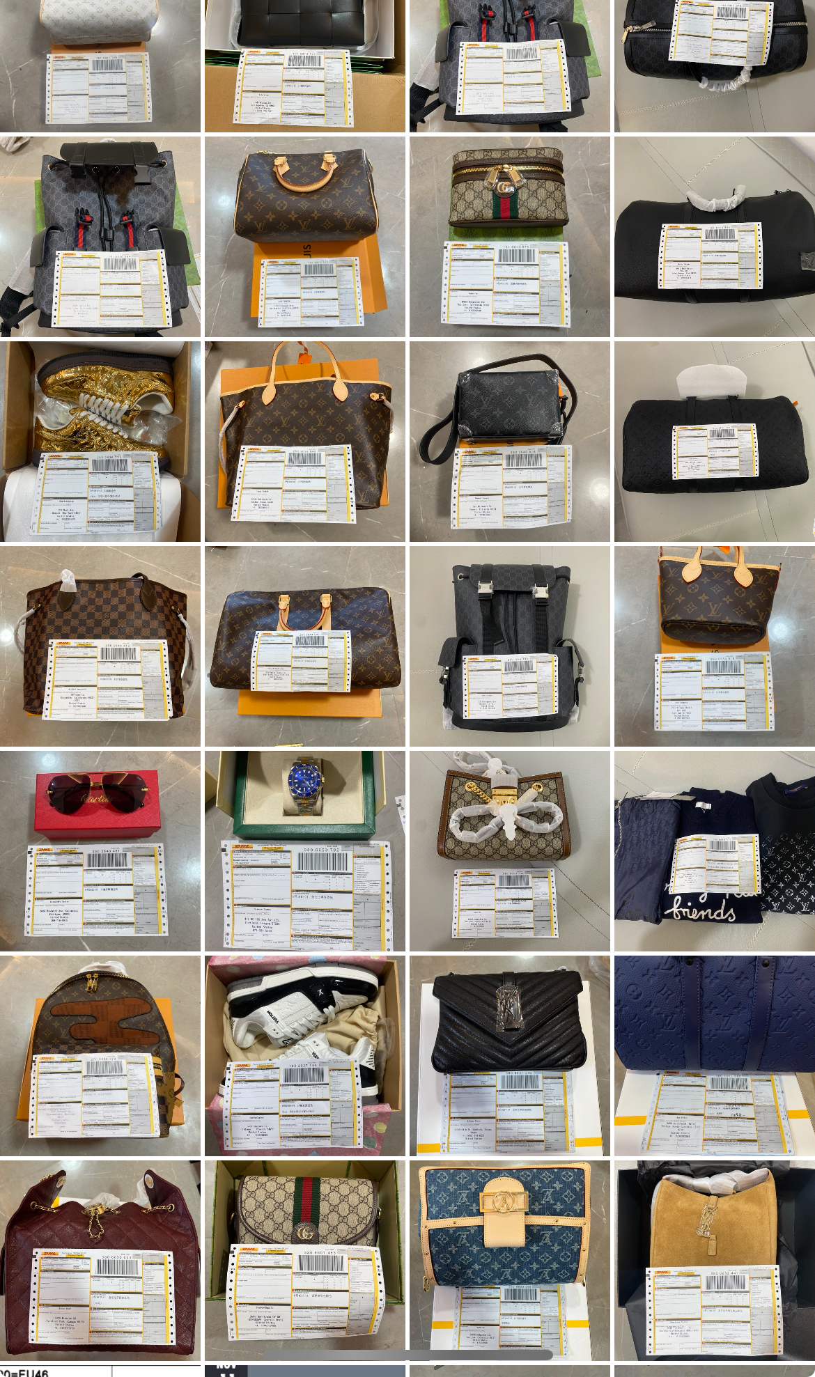 Luxury goods, including shoes, bags, watches, clothing, and more.