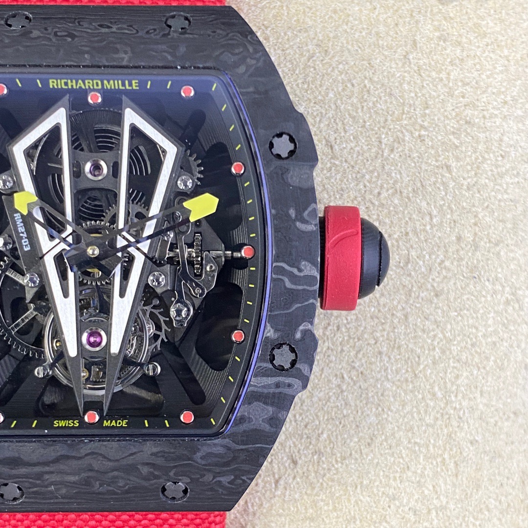 Richard Miller Tourbillon watch has invested heavily in the RM27-03 Tourbillon movement, which is integrated with the NTPT carbon fiber case to create the lightest Tourbillon watch in the industry.