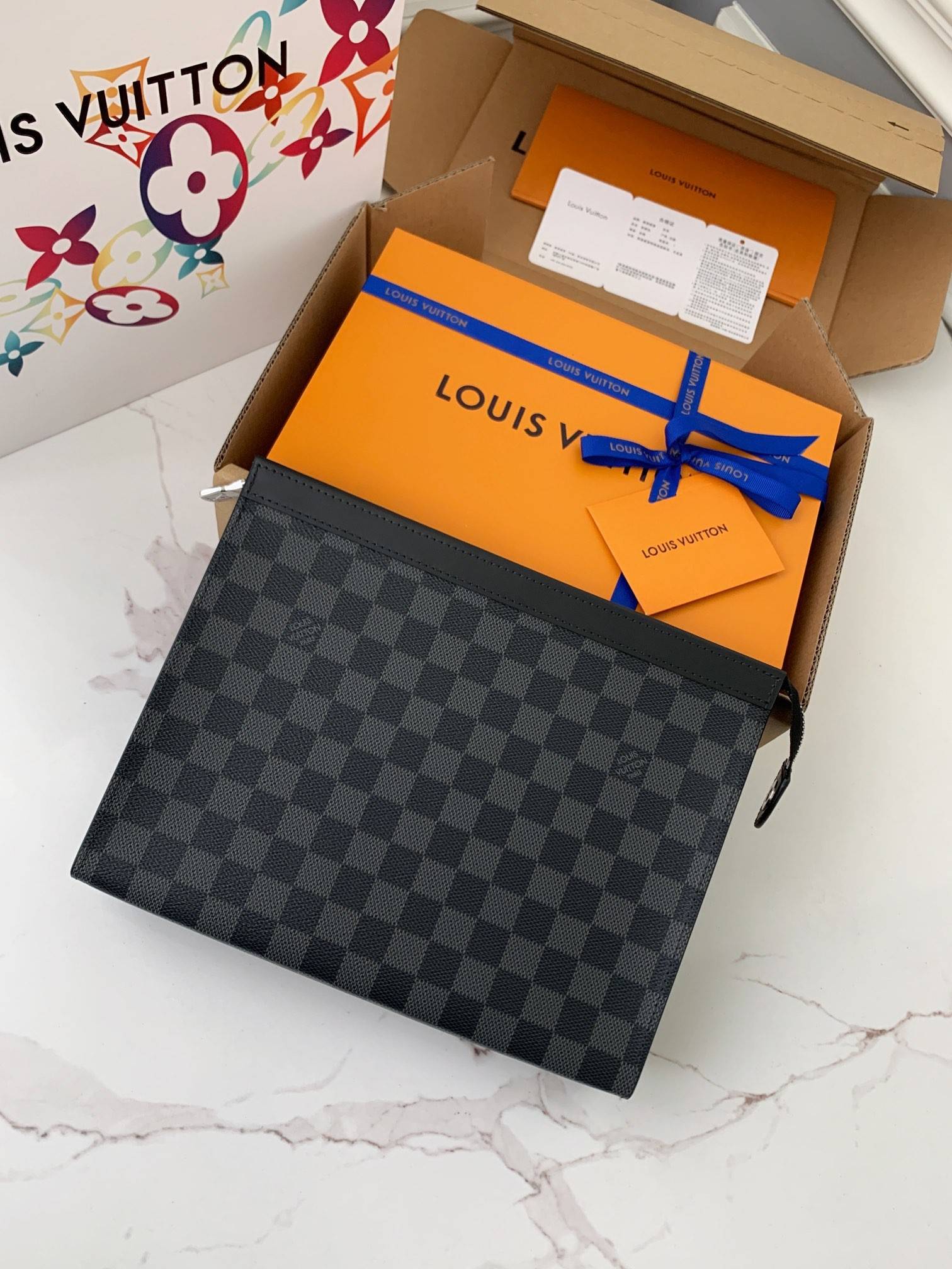 L*V Men's POCHETTE VOYAGE Black Flower Handbag N41696, 27 * 21 * 6cm