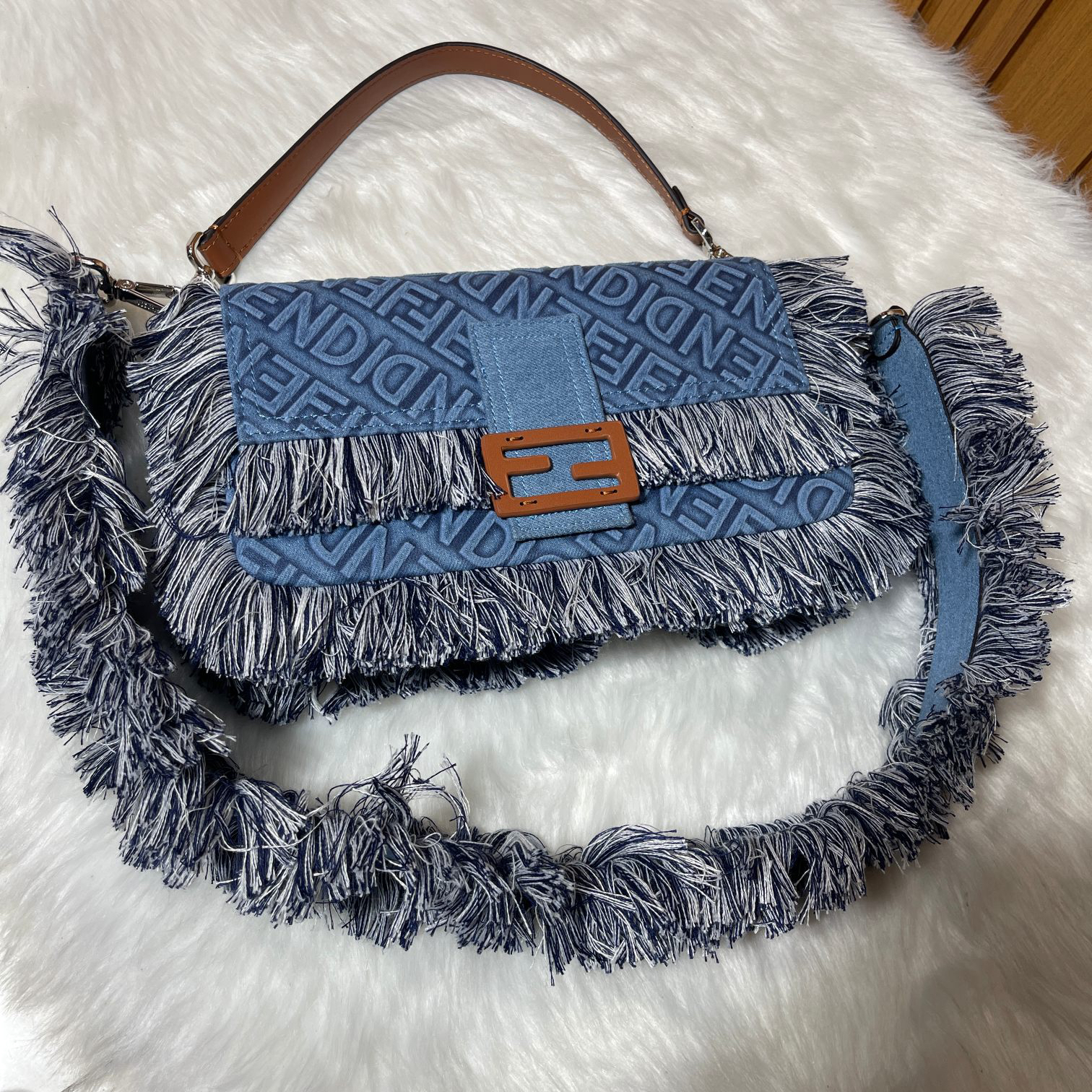Fendi Baguette Embossed Denim Tassel Bag Size: 26 15cm, Model 0199