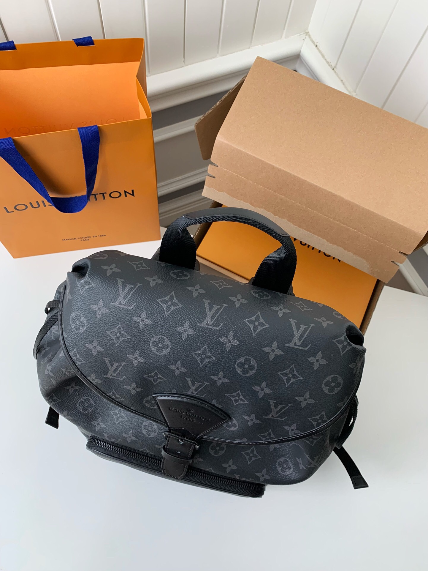 L*V's New MONTSOURIS Men's Black Flower Backpack M45583, Top Quality Size: 32 * 40 * 19cm