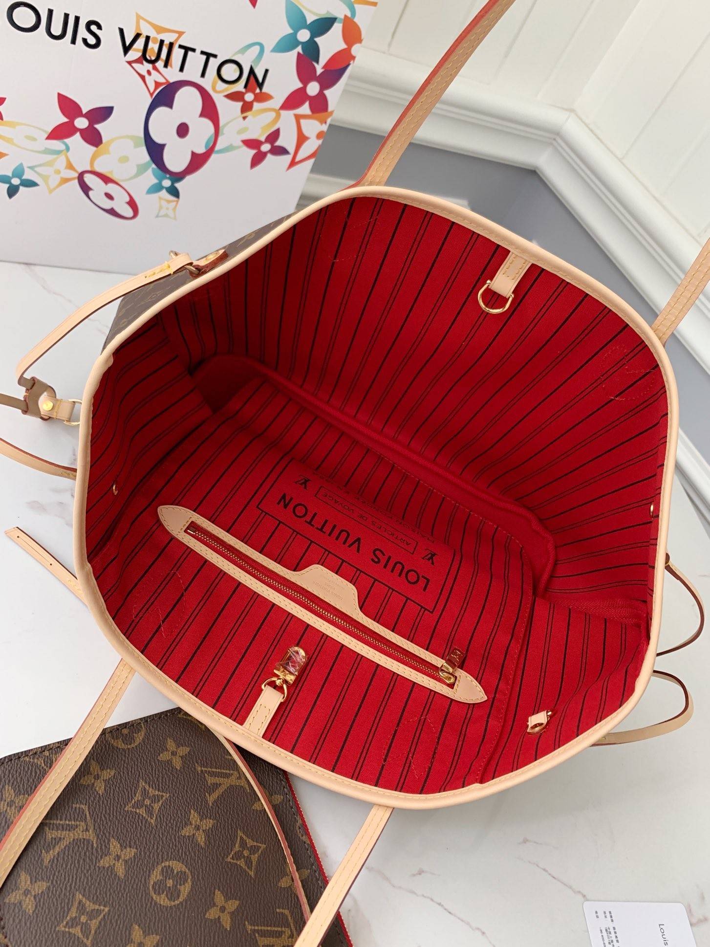 L*V NEVERFULL Apricot Medium Shopping Bag M41177, Top Quality Size: 31 * 28 * 14cm