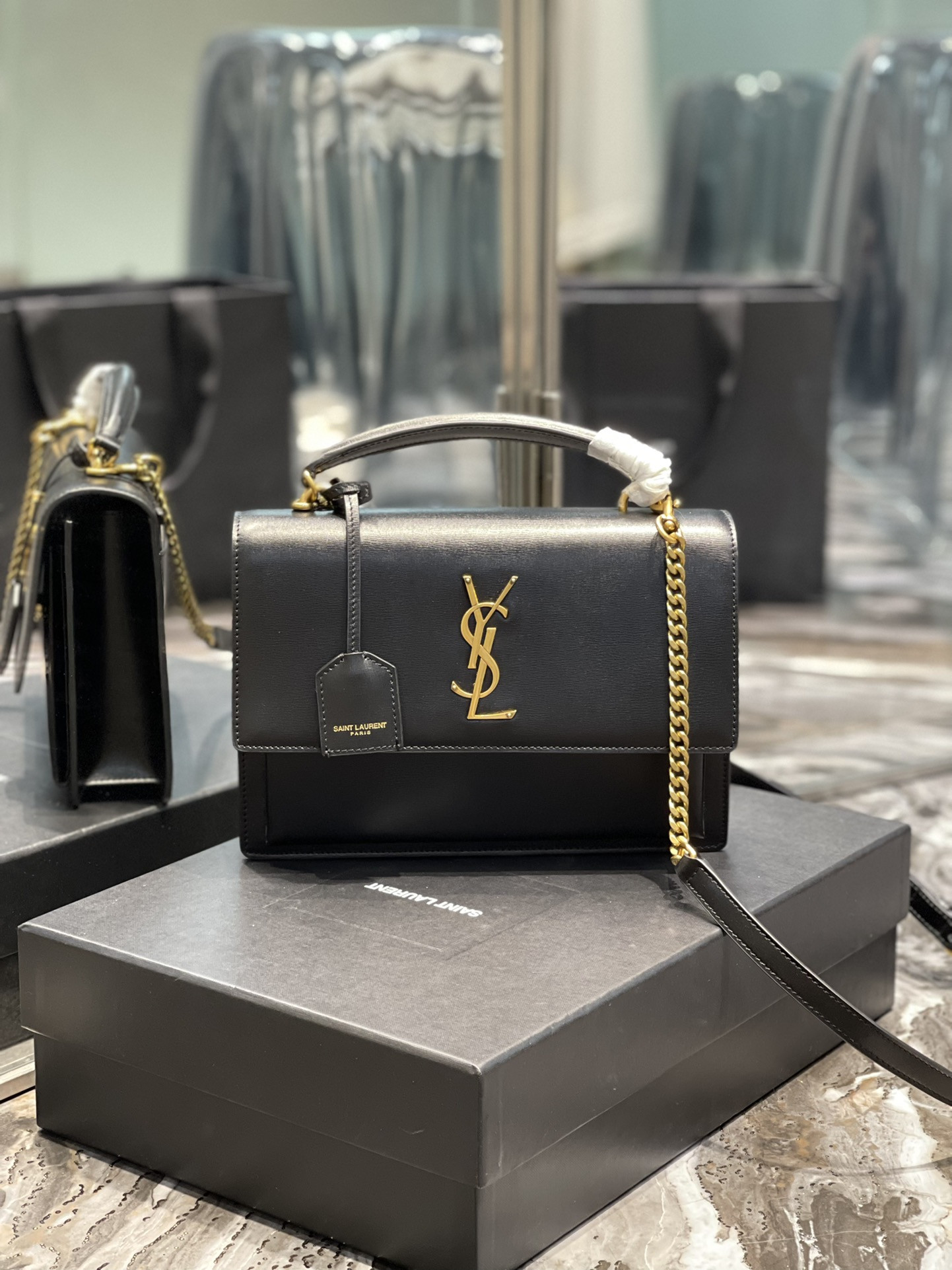 Ysl Sunset Medium Top Handle In Smooth Leather