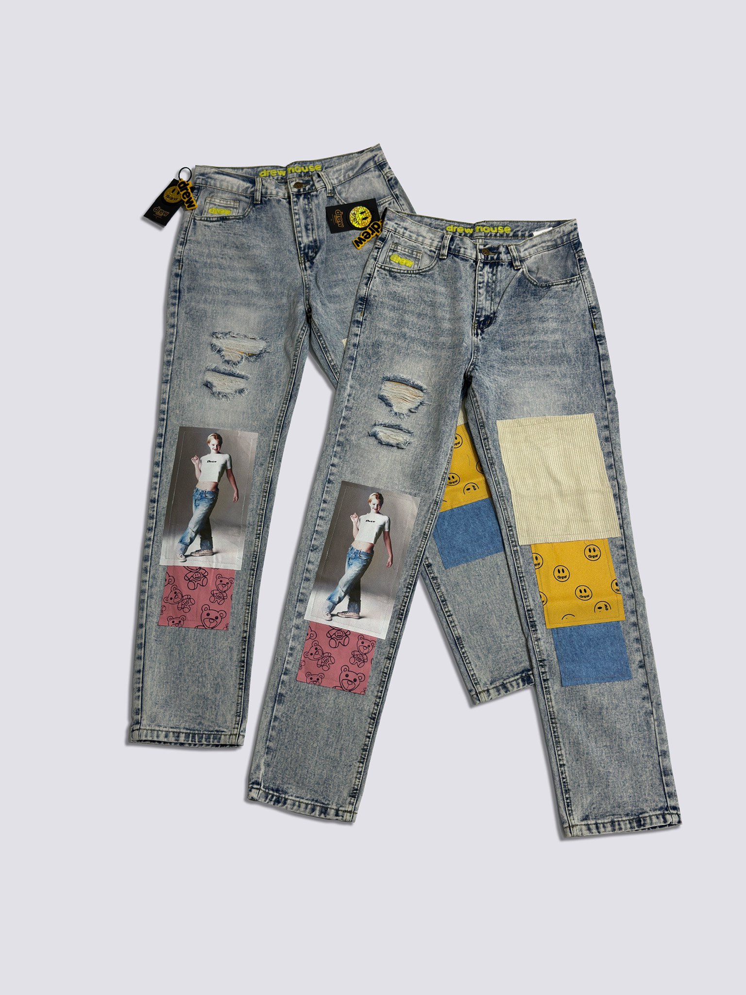 Drew House Smiley Face Digital Picture Sticker Stitching Jeans