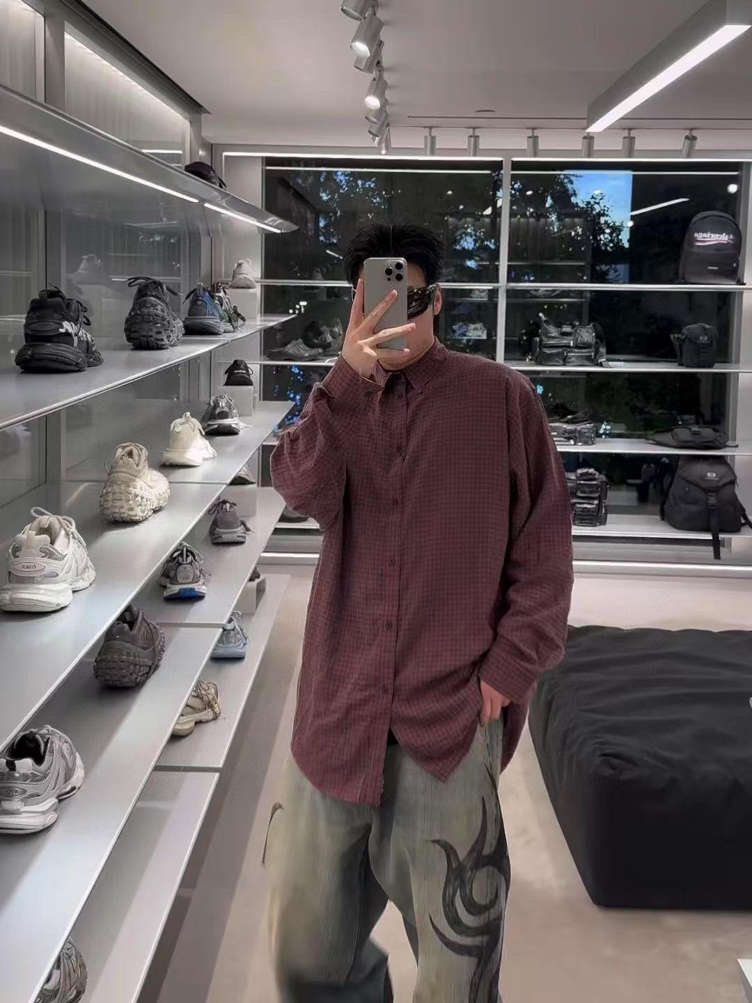 Balanciag@ Plaid Long-Sleeve Collared Shirt