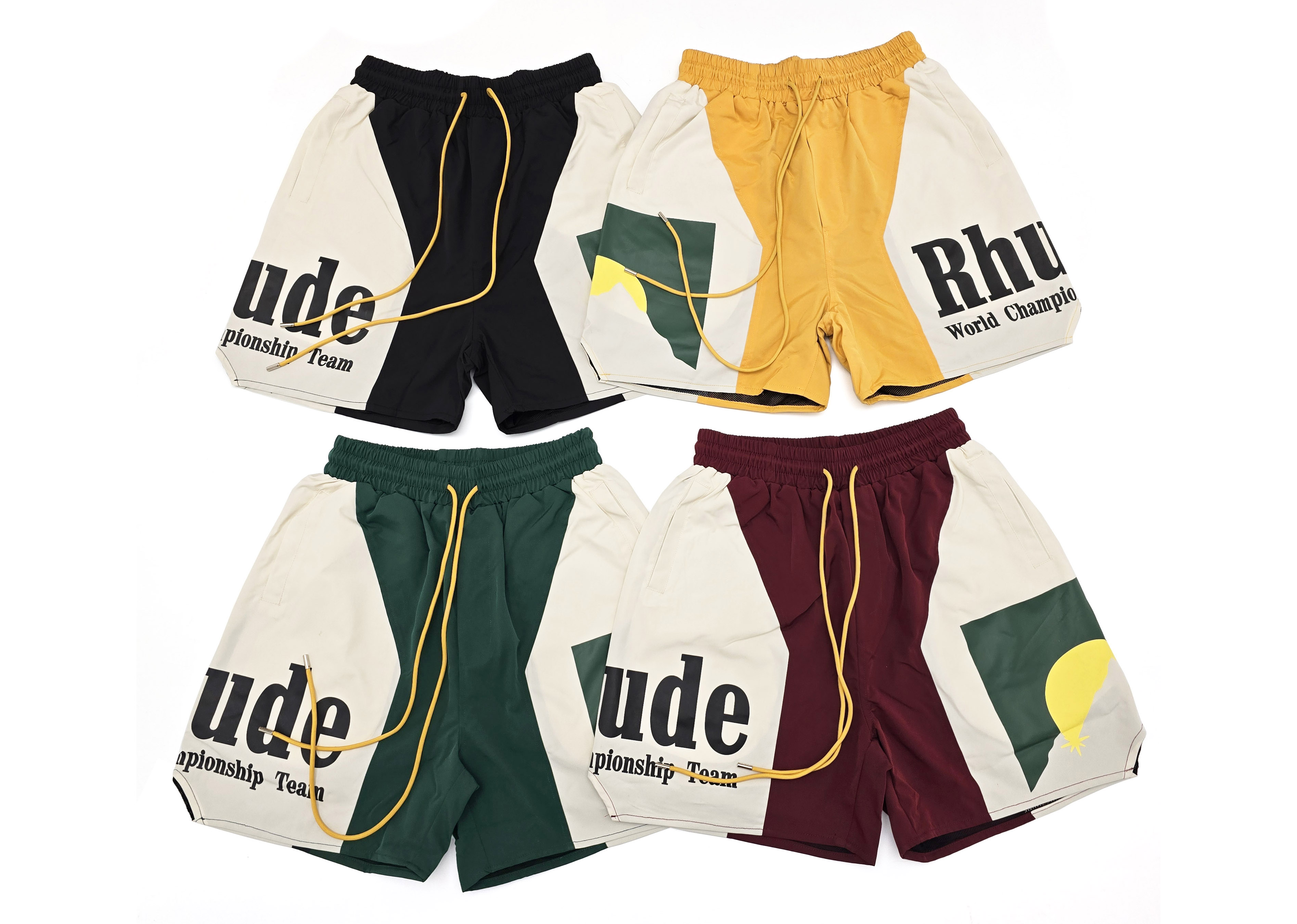 RHUDE Sunset Print Drawstring Color-Block Shorts, American High-Street Loose-Fit Casual Shorts