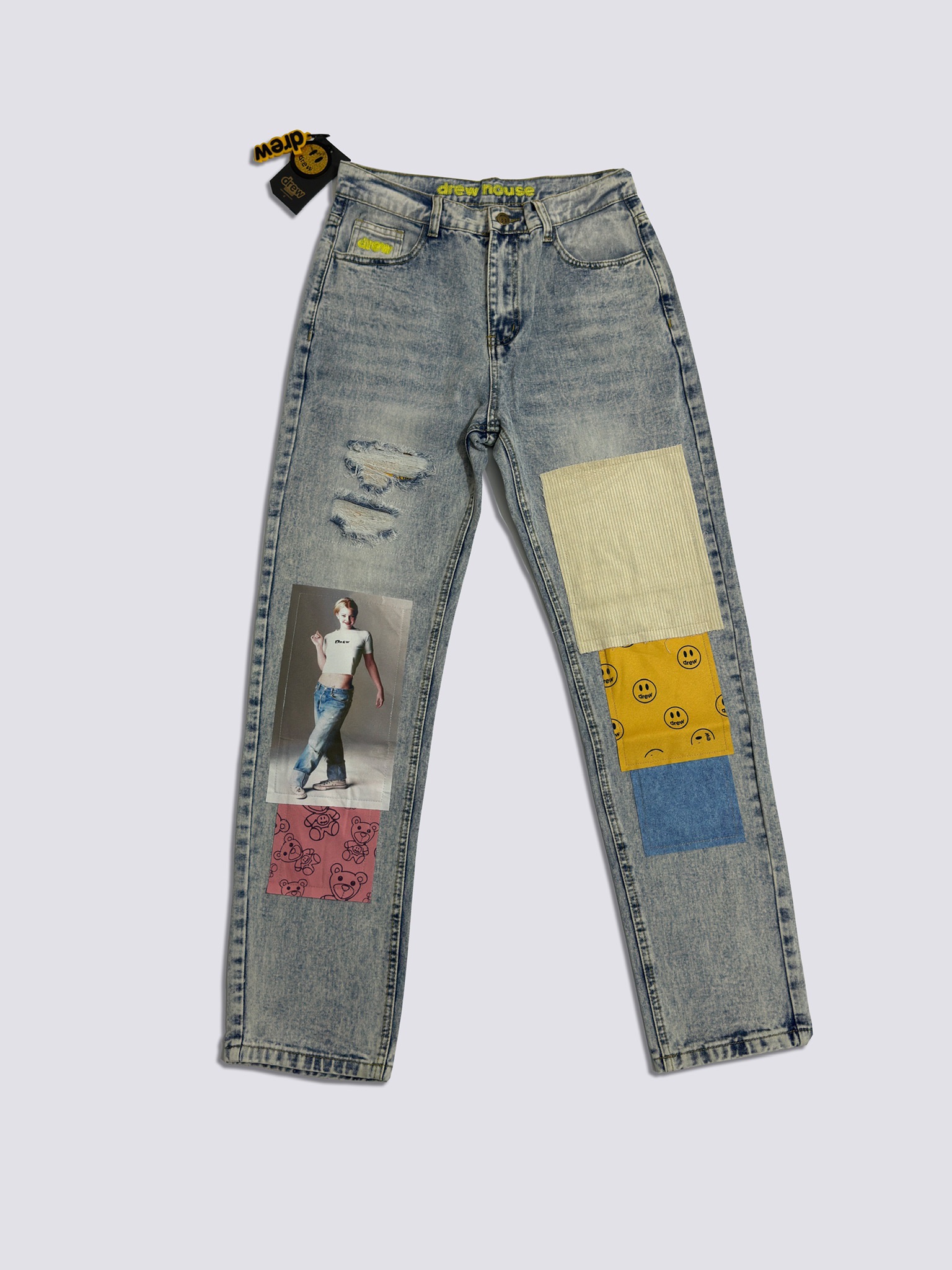 Drew House Smiley Face Digital Picture Sticker Stitching Jeans