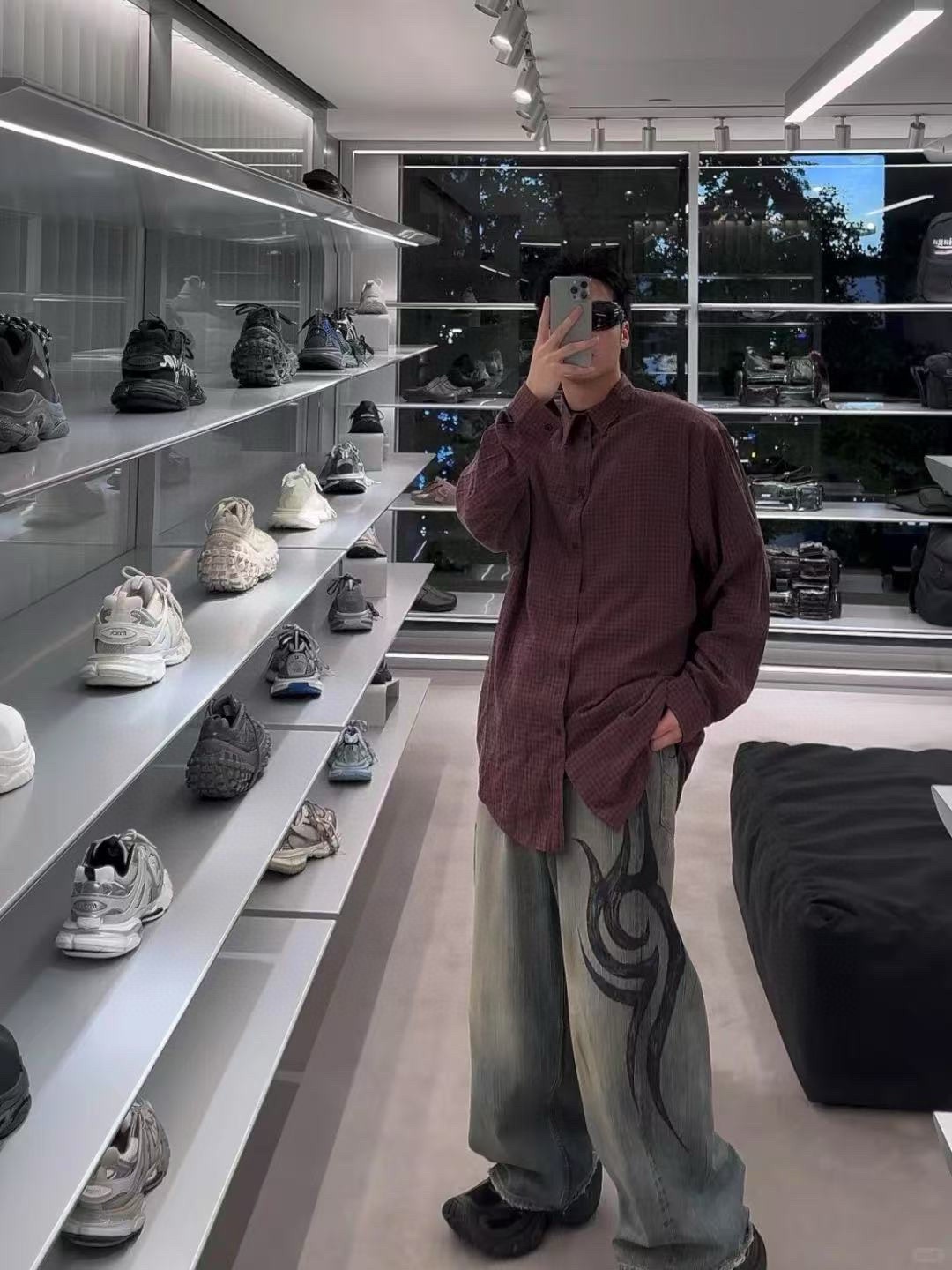 Balanciag@ Plaid Long-Sleeve Collared Shirt