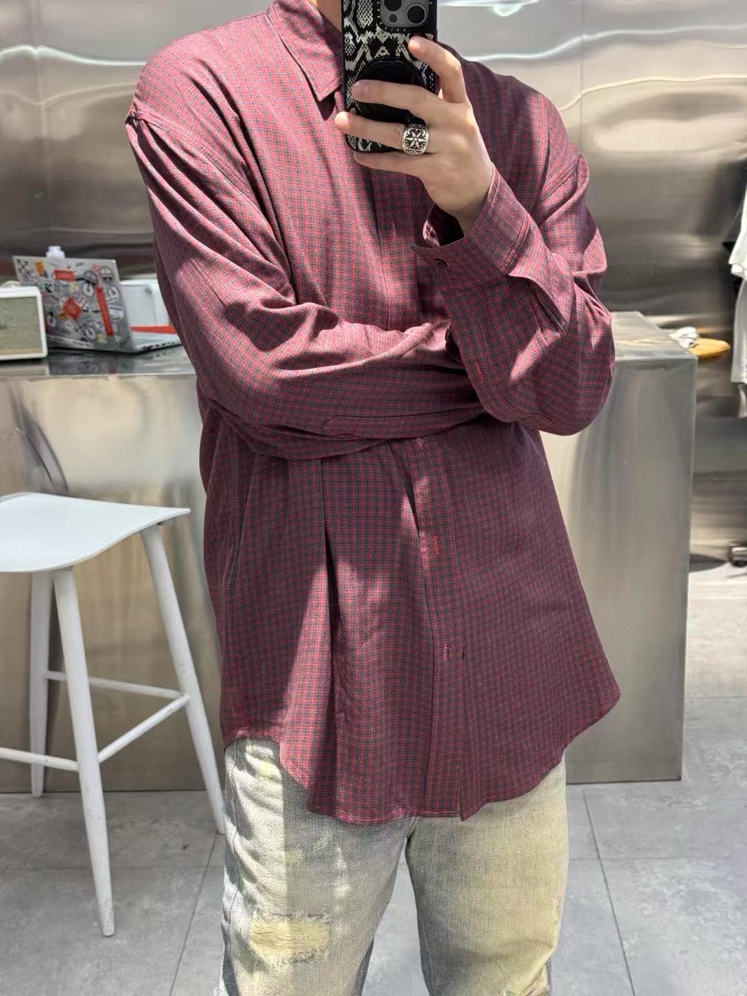 Balanciag@ Plaid Long-Sleeve Collared Shirt