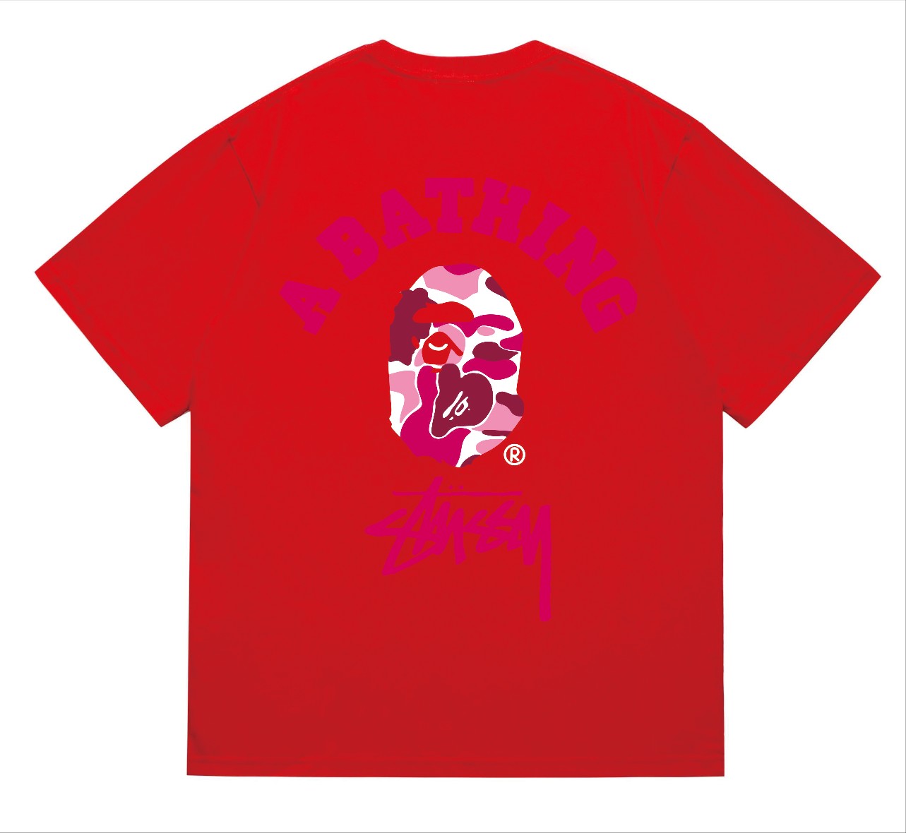 BAPE×Stuss! Pink Color Camo By Bathing Tee