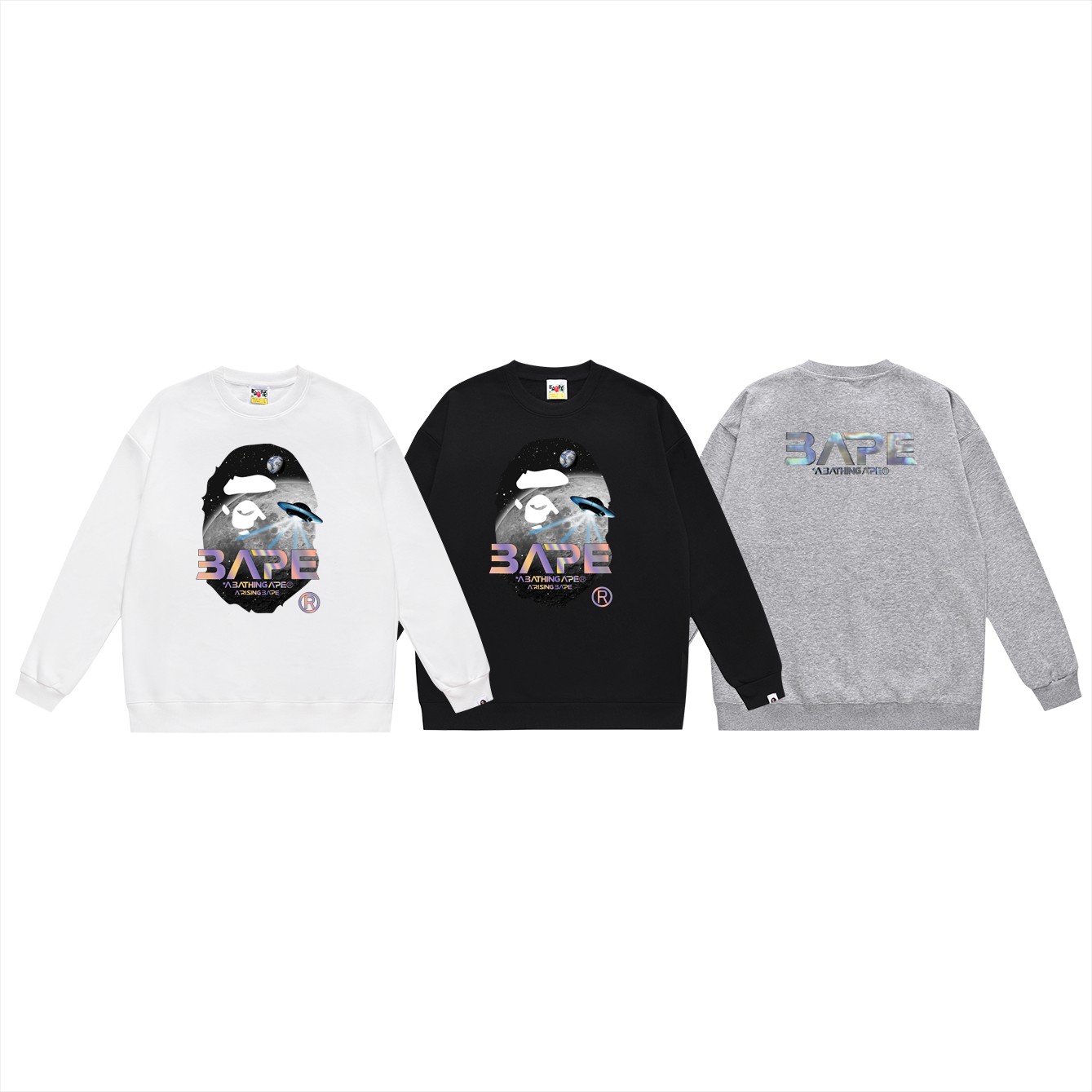 BAPE Mid-Autumn Moon and UFO Ape Head holographic logo graphic crewneck sweatshirt