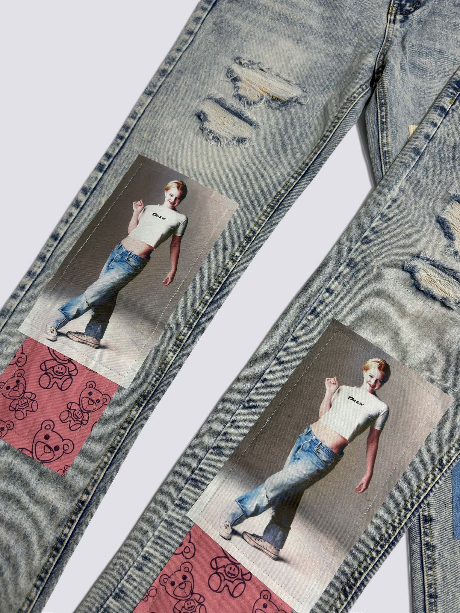 Drew House Smiley Face Digital Picture Sticker Stitching Jeans