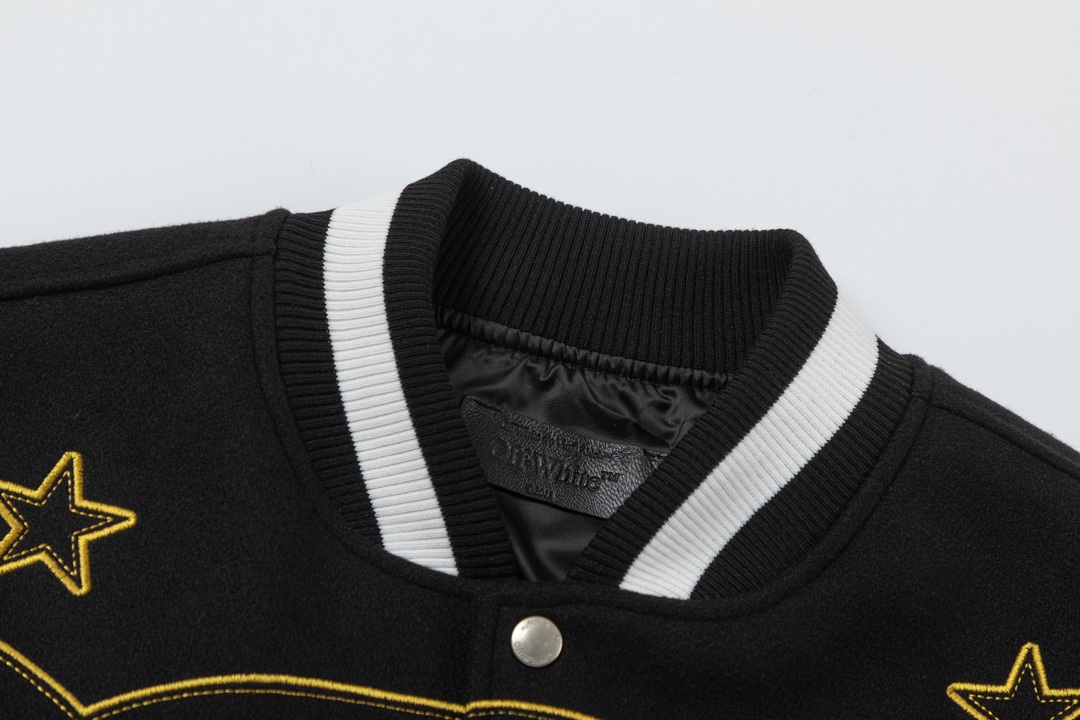 Off-White 2024 Fall/Winter new heavy embroidery rhinestone patchwork leather varsity jacket in black, unisex