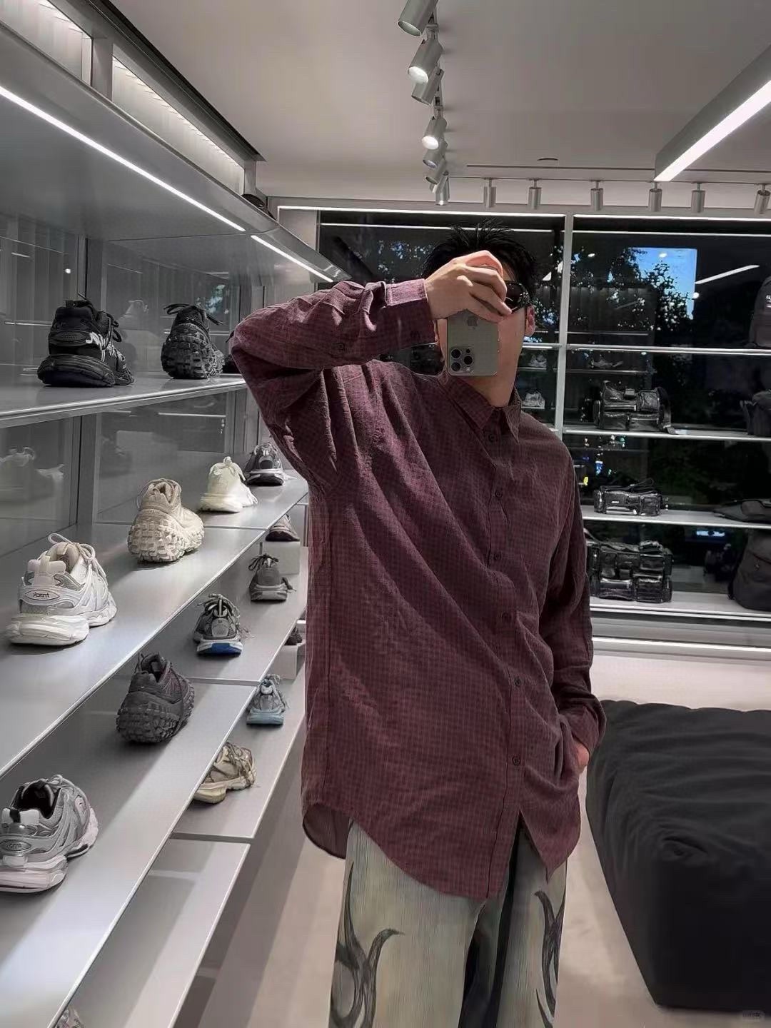 Balanciag@ Plaid Long-Sleeve Collared Shirt